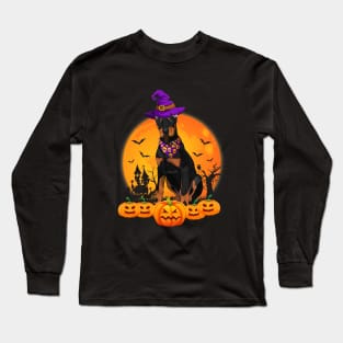 Funny Witch Hat Pumpkin Doberman Halloween Long Sleeve T-Shirt
